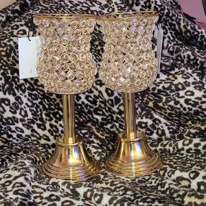 Set of 2 13"×5" gold crystal candle holders